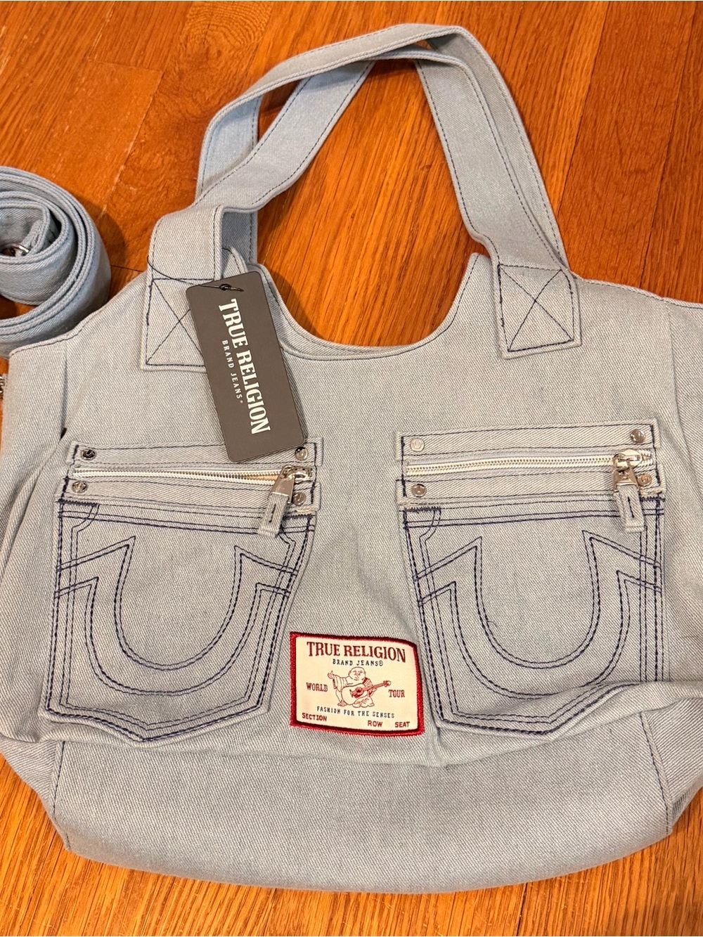 True Religion Light Denim Tote with Front Zip Pockets